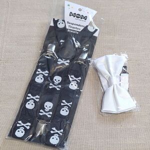 black elastic suspenders with skull and crossbones pattern and white bow tie
